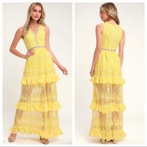 LULU’S Garden Dreams Yellow Tiered Lace Maxi Dress